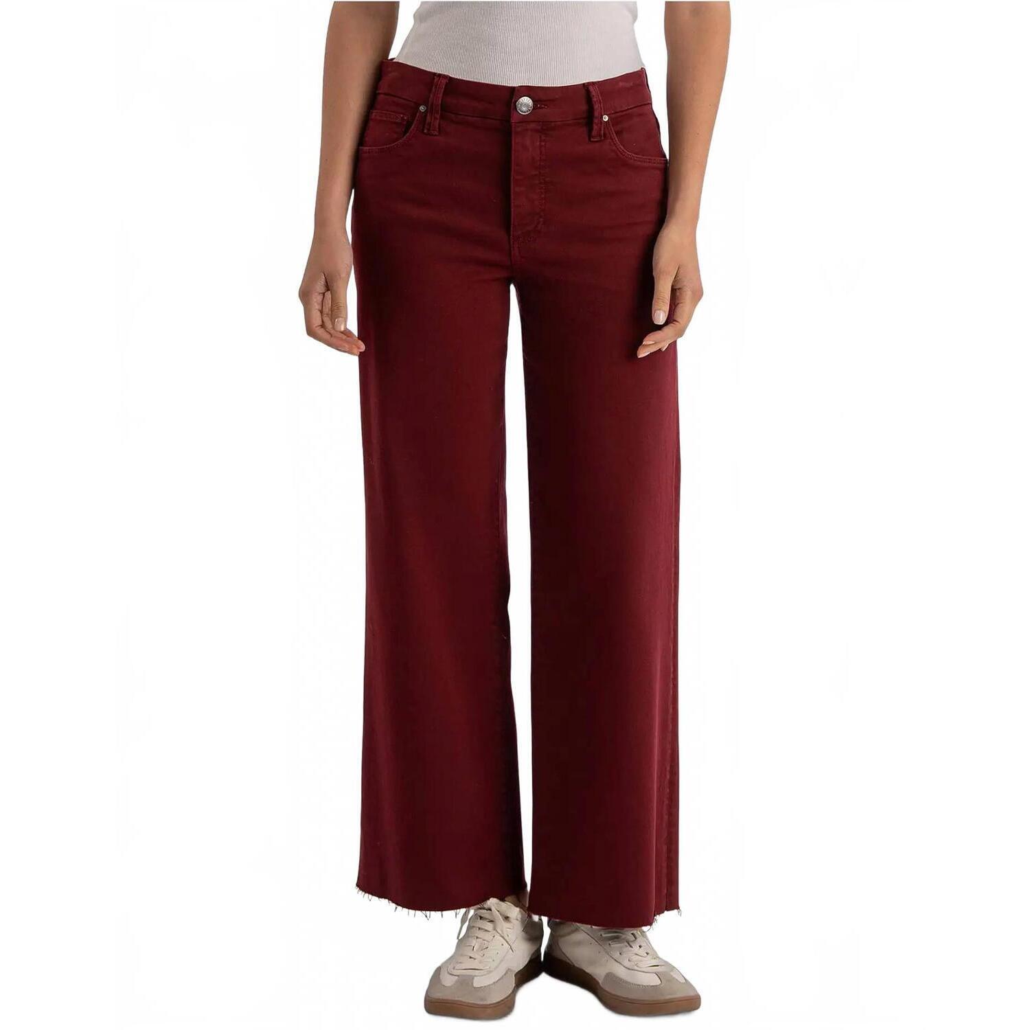 New Kut From The Kloth Meg High-Rise Fab Ab Wide Leg Raw Hem Jeans In Maroon